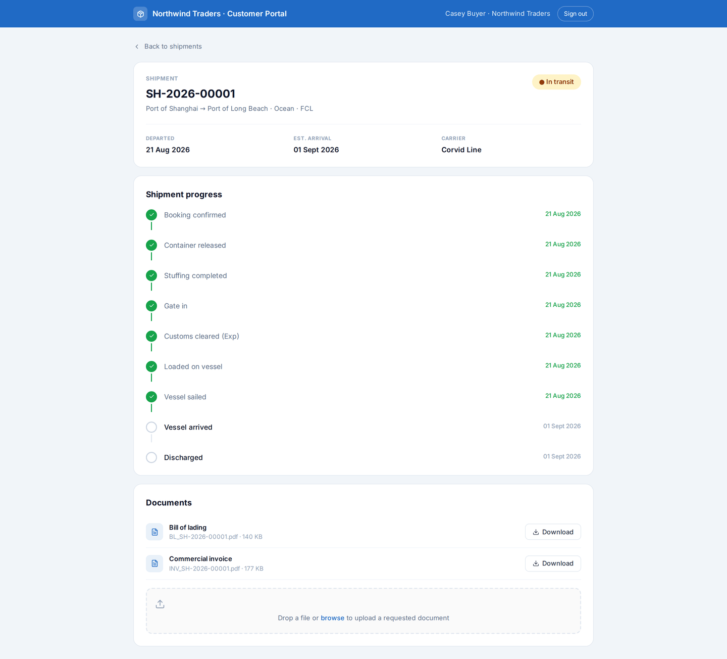 The customer portal: shipment reference and route, departure and estimated arrival dates, the carrier, a progress timeline, and the documents shared with the customer.