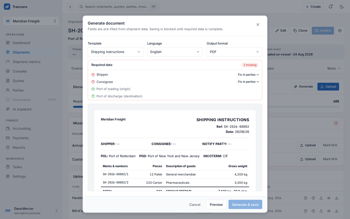 The generate-document dialog, its required-data panel marked two missing, with saving blocked until the shipper and consignee are set.